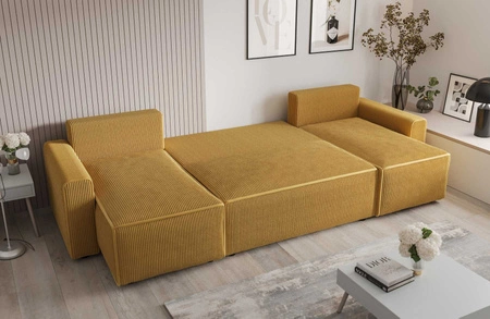 Ecksofa mit Schlaffunktion Brandon U Bis honigfarbener Bettkasten dreidimensionaler Stoff mit ausdrucksvollen Streifen weiche Armlehnen