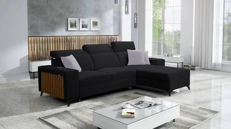 Kelly Ecksofa mit Schlaffunktion schwarz rechtsseitig geflochten Komfort und Funktionalität Eckseite mit Latten abgeschlossen