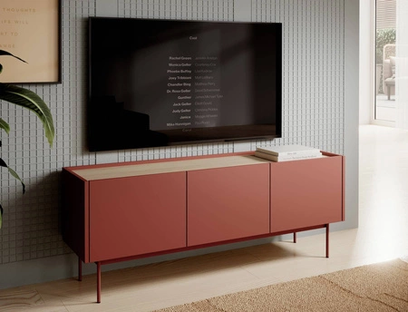 TV Schrank Vellore 144 cm Ziegel Originaldesign grifflose Fronten Metallbeine in der Farbe der Schrankfronten abgesenkte Platte