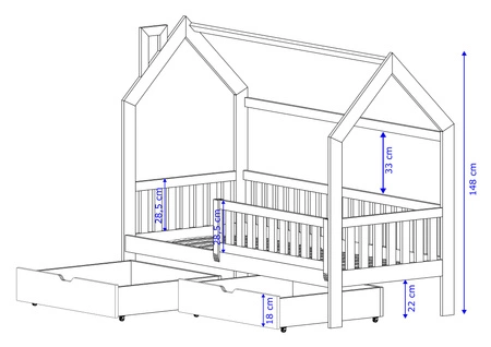 Timon Holzbett 90x200 cm weiß modernes Design Kinderhausbett aus massivem Kiefernholz geräumige Schubladen