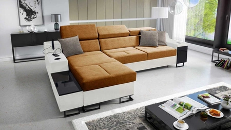 Ecksofa mit Schlaffunktion Alcamo honig/weiß links elegantes und stilvolles Ecksofa mit einer ausziehbaren praktischen Schublade an der Seite des Möbels