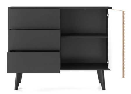 Möbelset Saipan Schwarz / Eiche Artisan Modernes Design funktionale Wohnzimmerwand für das Wohnzimmer oder den Tagesraum dekorative geriffelte Verzierung