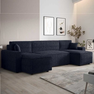 Ecksofa mit Schlaffunktion Brandon U Bis marineblauer Bettzeugcontainer Armlehnenstoff mit ausgeprägter Schlingenoberfläche