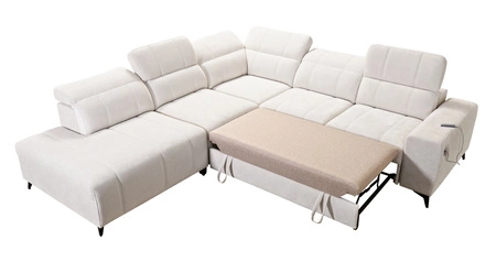 Ecksofa mit Schlaffunktion Penejos IX grün linke Seite stilvolles Ecksofa mit Bettzeugcontainern komfortable verstellbare Kopfstützen