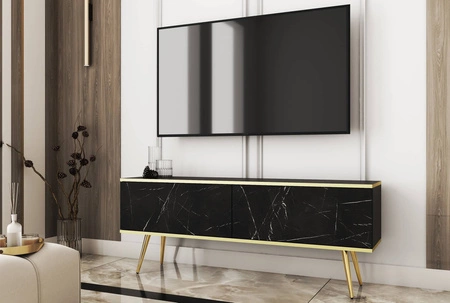TV-Schrank Luxury 135 cm Korpus aus schwarzem Marmor, elegantes Design mit goldener Zierleiste, Schrank auf goldenen Metallbeinen