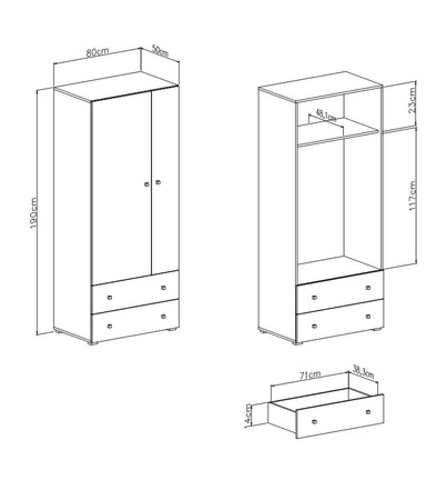 Epsilon 80 cm weiß / Beton Kleiderschrank ideal für das Jugendzimmer funktionaler Kleiderschrank mit Schubladen