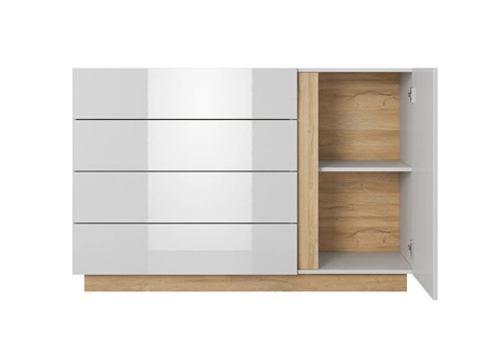 Kommode mit Schubladen Adria 138 cm glänzend weiß / Eiche Enkel moderne Möbel Design Kommode Kante mit speziellen ABS-Furnier fertig