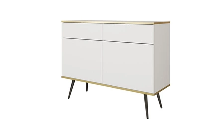 Schubladenkommode Luxury 107 cm weiß modernes Design Wohnzimmer Kommode Körper mit Gold trim schwarzen Metallbeinen gekrönt