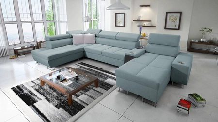 Ecksofa mit Schlaffunktion Dafni V arktikblau rechte Seite gewebt bequemes und praktisches Ecksofa mit verstellbaren Kopfstützen