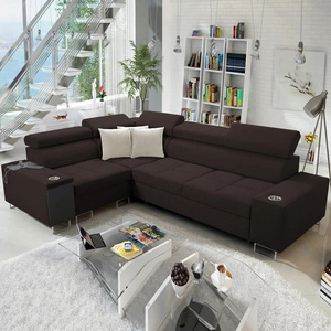 Ecksofa mit Schlaffunktion Dafni II braun links geflochtenes Ecksofa mit Bettzeugstauraum Vollauszug in der Seitenwand