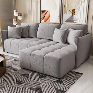 Ecksofa mit Schlaffunktion Oroso hellgrau rechte Seite weicher Samtstoff mit hydrophober Beschichtung Bettzeugbehälter