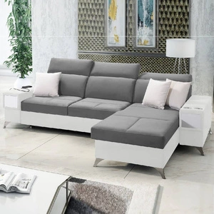 Ecksofa mit Schlaffunktion Elgin grau / weiß rechtes Ecksofa mit verstellbaren Kopfstützen praktische Schubladen in den Möbelseiten