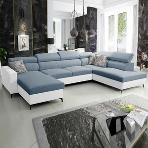 Ecksofa mit Schlaffunktion Savona VI blau/weiß links elegantes und bequemes Ecksofa für Wohnzimmer zwei Container für Bettzeug
