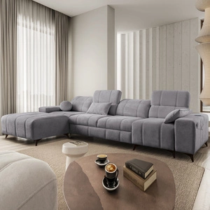 Ecksofa mit Schlaffunktion Penejos XII hellgrau linke Seite stilvolles Ecksofa mit Bettzeugcontainern komfortable verstellbare Kopfstützen