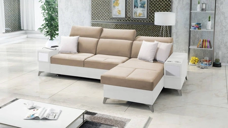 Ecksofa mit Schlaffunktion Elgin beige / weiß rechtes Ecksofa mit verstellbaren Kopfstützen praktische Schubladen in den Möbelseiten