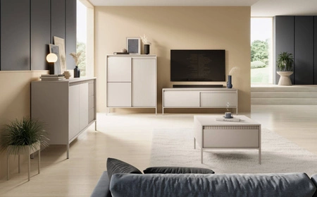 Kommode Sesti 104 cm beige Designerkommode mit originellem Design auf stabilem Metallsockel