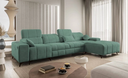 Ecksofa mit Schlaffunktion Penejos XII grün rechtsseitig stilvolles Ecksofa mit Bettzeugcontainern komfortable verstellbare Kopfstützen