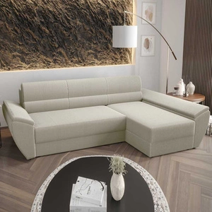 Ecksofa mit Schlaffunktion Fogu III elfenbeinfarbenes rechtes Ecksofa mit Armlehnen und Bettzeugablage Kordstoff