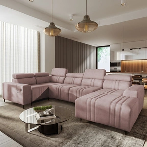 Ecksofa mit Schlaffunktion Castel IV rosa rechte Seite stilvolles Ecksofa mit Bettzeugcontainern und verstellbaren Kopfstützen
