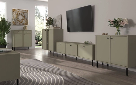 RTV-Schrank Kioto II 180 cm Eukalyptus stilvolles Design Metall schwarze Beine nach unten öffnende Türen Pastellfarben