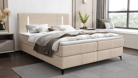 Boxspringbett Norco 140x200 beige stilvolles Bett mit Bettzeug Lagerung Beleuchtung im Kopfteil fügt eine einzigartige Note