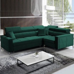 Nausa II Ecksofa mit Schlaffunktion Flasche grün rechte Seite Samt Ziernähte auf der Sitzfläche Ecksofa mit Bettzeug Container