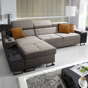 Ecksofa mit Schlaffunktion Alcamo grau-braun links elegantes und stilvolles Ecksofa mit einer ausziehbaren praktischen Schublade an der Seite des Möbels
