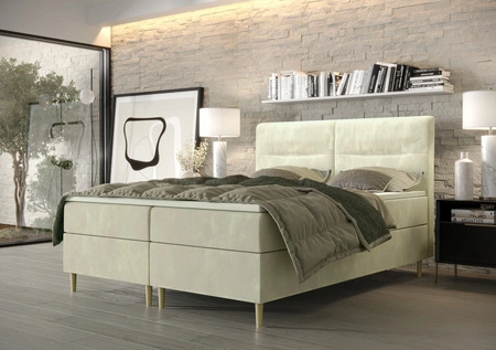 Boxspringbett Voltera 160x200 Beige moderner skandinavischer Stil mit charakteristischem Kopfteil