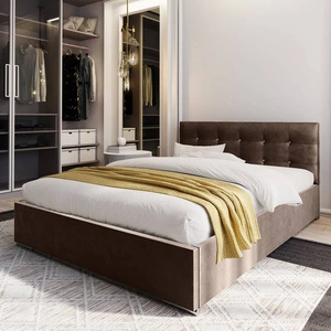 Mona Polsterbett 140x200 hellbraun mit Container im modernen skandinavischen Stil mit gestepptem Kopfteil mit Kristallen