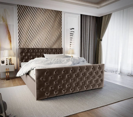 Polsterbett Viamao 180x200 hellbraun mit Container im modernen skandinavischen Stil mit gestepptem Kopfteil und Fußteil 