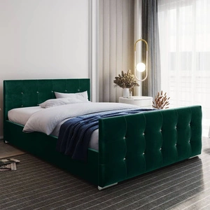 Polsterbett Alford 140x200 flaschengrün mit Stauraum im modernen skandinavischen Stil mit gestepptem Kopf- und Fußteil mit Kristallen verarbeitet