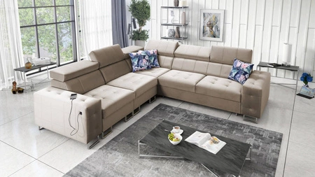 Ecksofa mit Schlaffunktion Hampton III beige links komfortables Ecksofa aus glattem und weichem Samtstoff