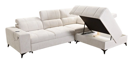 Ecksofa mit Schlaffunktion Penejos VII beige rechte Seite stilvolles Ecksofa mit Bettzeugablage komfortable verstellbare Kopfstützen