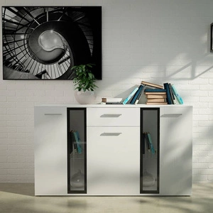 Kommode Senja 140 cm weiß modernes Möbeldesign Kommodenkante mit speziellem ABS-Furnier verarbeitet