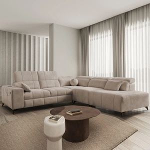 Ecksofa mit Schlaffunktion Penejos IX dunkelbeige rechte Seite stilvolles Ecksofa mit Bettzeugcontainern komfortable verstellbare Kopfstützen