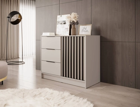 Kommode mit Schubladen Aspen 105 cm Beige / Schwarze Lamellen modernes Design Schranktüren der Kommode mit dekorativen Lamellen