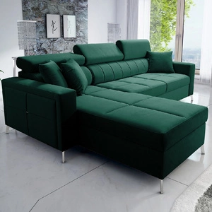 Ecksofa mit Schlaffunktion Nausa Flasche grün links Samt stilvolle komfortable Ecksofa verstellbare Kopfstützen Bettzeug Container