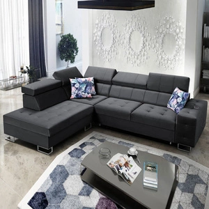 Ecksofa mit Schlaffunktion Hampton VII schwarzes linkes für den Raum aus Samtstoff mit glatter Oberfläche