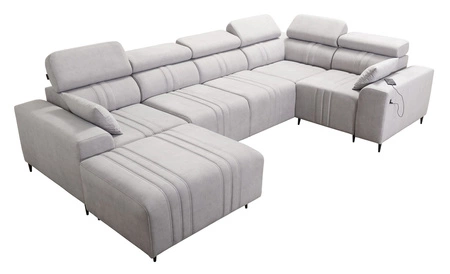 Ecksofa mit Schlaffunktion Castel IV beige linke Seite stilvolles Ecksofa mit Bettzeugcontainern und verstellbaren Kopfstützen