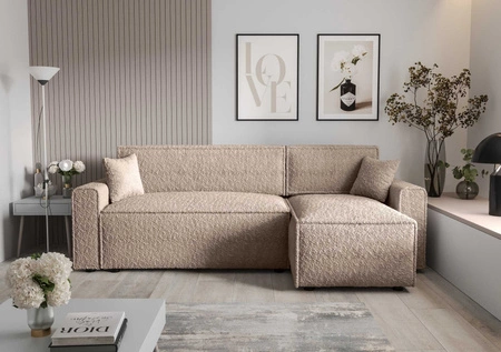 Ecksofa mit Schlaffunktion Brandon Bis beige rechte Seite weicher Stoff mit charakteristischer Schlingenoberfläche Bettzeugbehälter