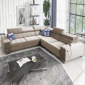 Ecksofa mit Schlaffunktion Hampton III beige rechtsseitiges bequemes Ecksofa aus glattem und weichem Samtstoff