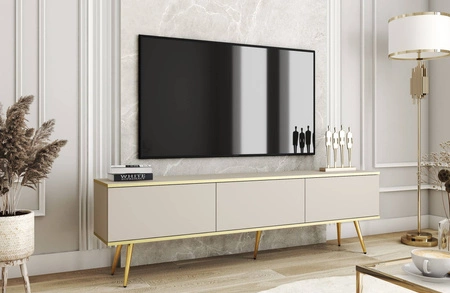 TV-Schrank Luxury 175 cm beige elegantes Design, Korpus mit goldener Zierleiste, Schrank auf goldenen Metallbeinen