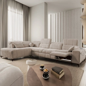 Ecksofa mit Schlaffunktion Penejos XI Lux dunkelbeige linke Seite stilvolles Ecksofa mit bequemer ausziehbarer Fußstütze