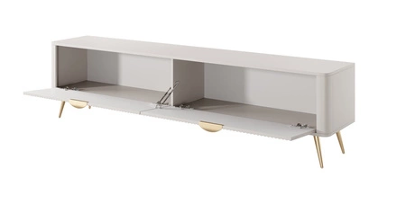 RTV Schrank Lante 200 cm beige modernes Design Korpus auf hohen Beinen geriffelte Front charakteristische ovale Form