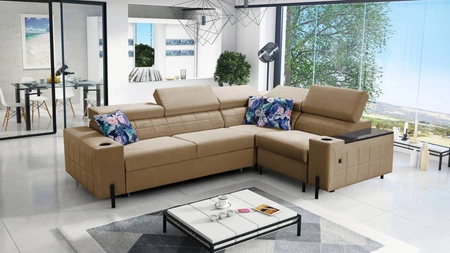 Ecksofa mit Schlaffunktion Belvi II dunkelbeige rechts elegantes und ergonomisches Ecksofa für das Wohnzimmer praktischer Stauraum an der Seite