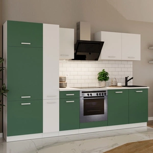 Küchenmöbelset mit Toni-Arbeitsplatte 290 cm weiß / pastellgrüne Möbel sehen in modernen Interieurs toll aus