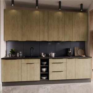 Küchenmöbel Set Corsico 300 cm elegante Küchenschränke mit Metallkantengriffen Schrank mit Ladekorb