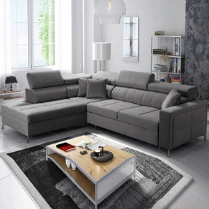 Ecksofa mit Schlaffunktion Nausa III grau links Samt stilvolles bequemes Ecksofa verstellbare Kopfstützen Bettzeugcontainer