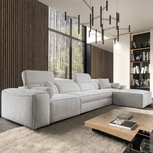 Ecksofa mit Schlaffunktion Viano XII grau Esche rechts Ecksofa mit interessanter Form verstellbare Kopfstützen Zierkissen