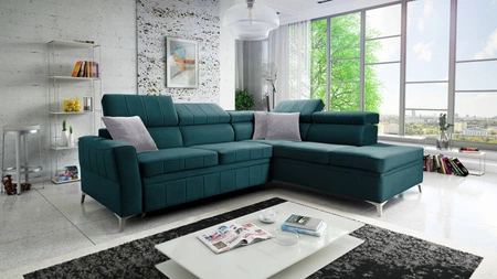 Ecksofa mit Schlaffunktion Rava III azurblauer rechtsseitiger Samt komfortables Ecksofa mit verstellbaren Kopfstützen und Bettzeugcontainer